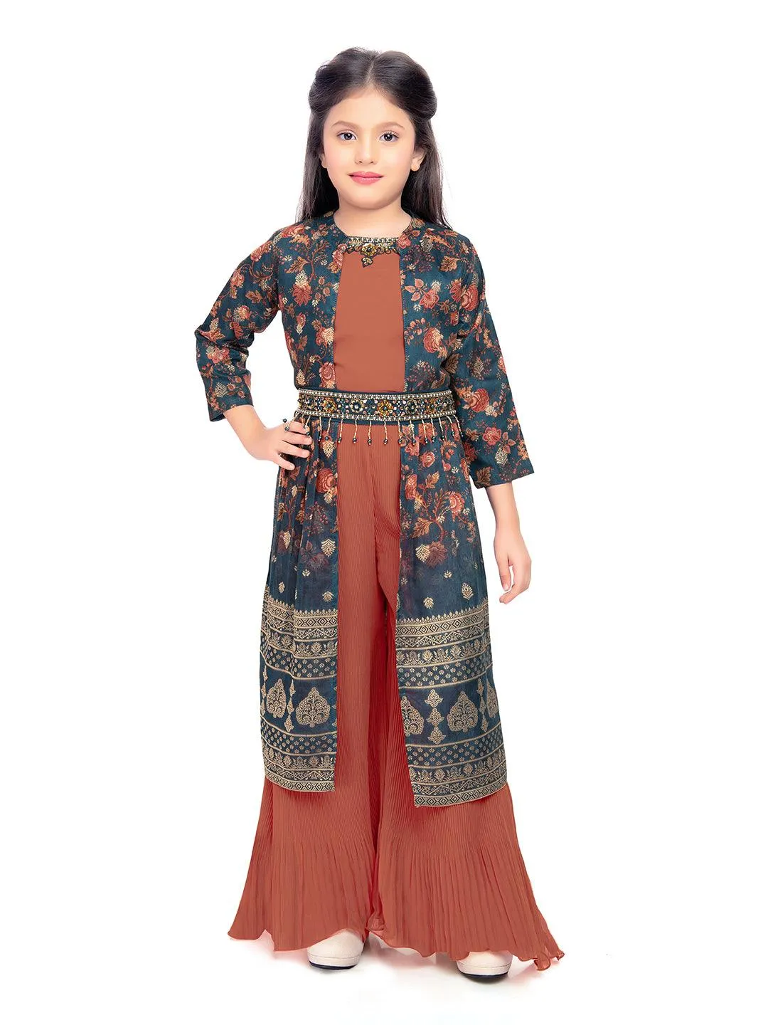 Girls Round Neck Top And Orange Palazzos With Fancy Printed Shrug & Hand Embroidery Ethnic Belt