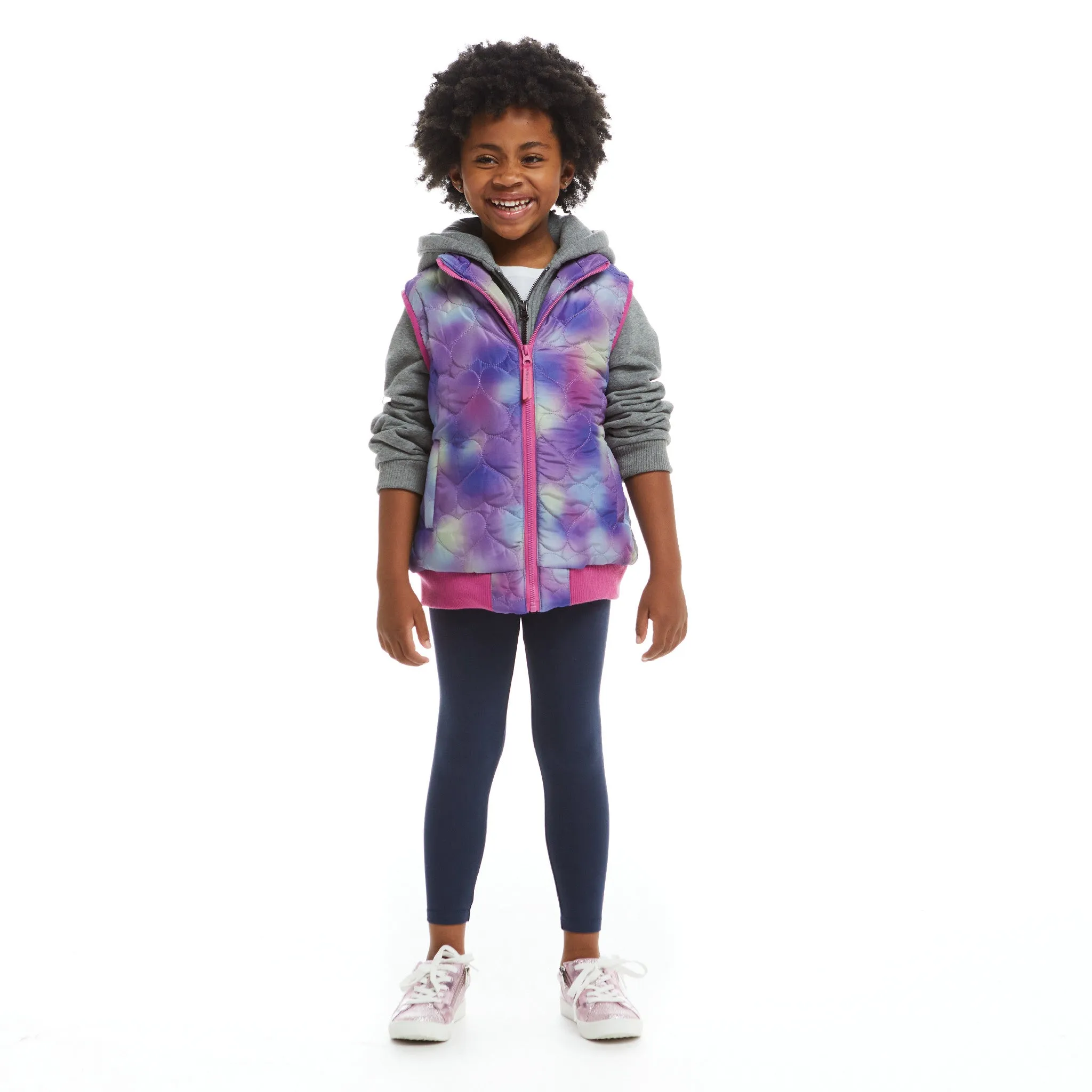 Girls Two-Fer Heart Quilted Vest Jacket  | Pink Grey