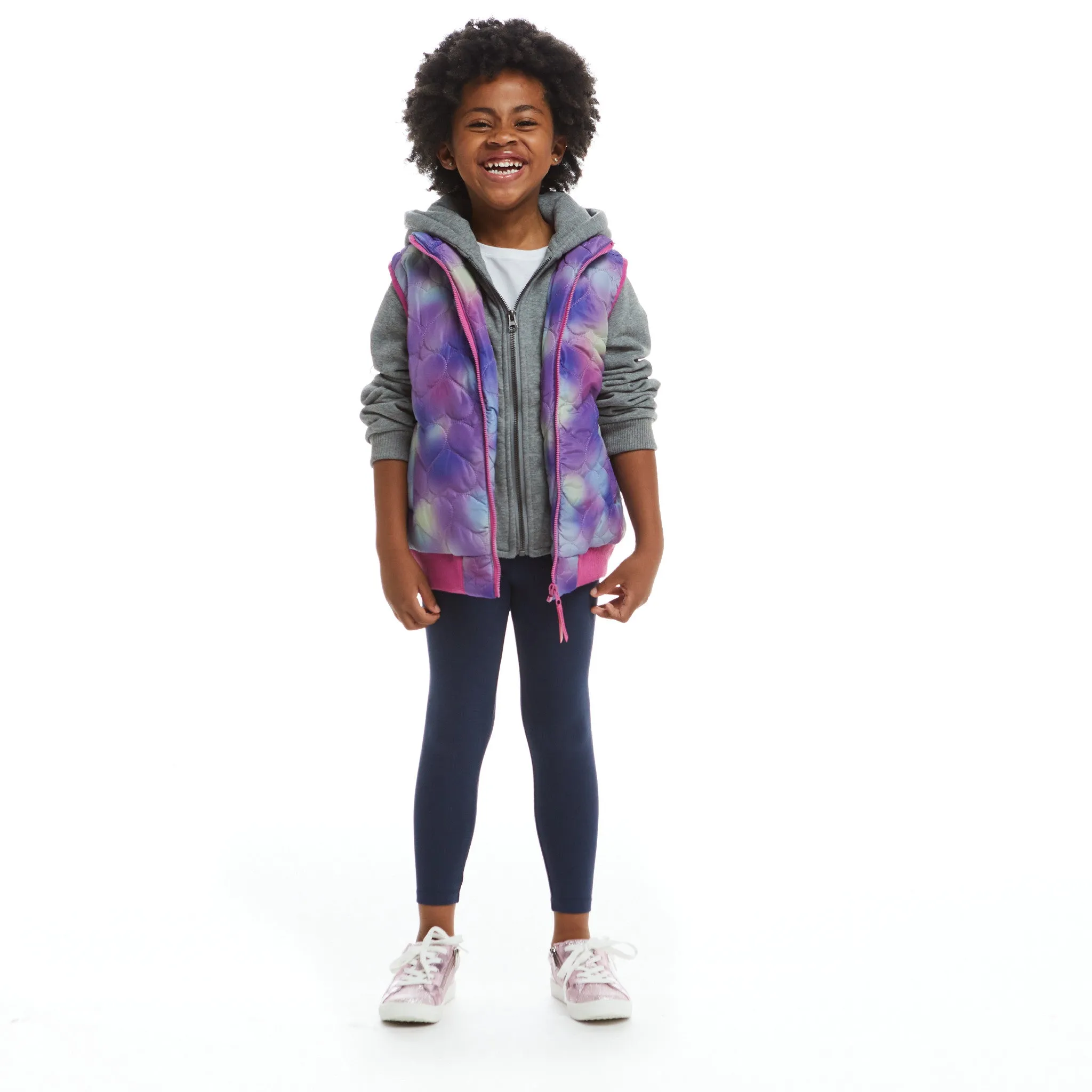 Girls Two-Fer Heart Quilted Vest Jacket  | Pink Grey