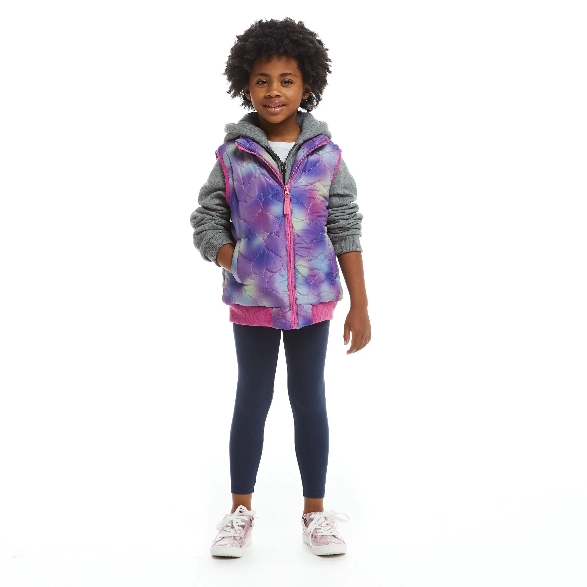 Girls Two-Fer Heart Quilted Vest Jacket  | Pink Grey