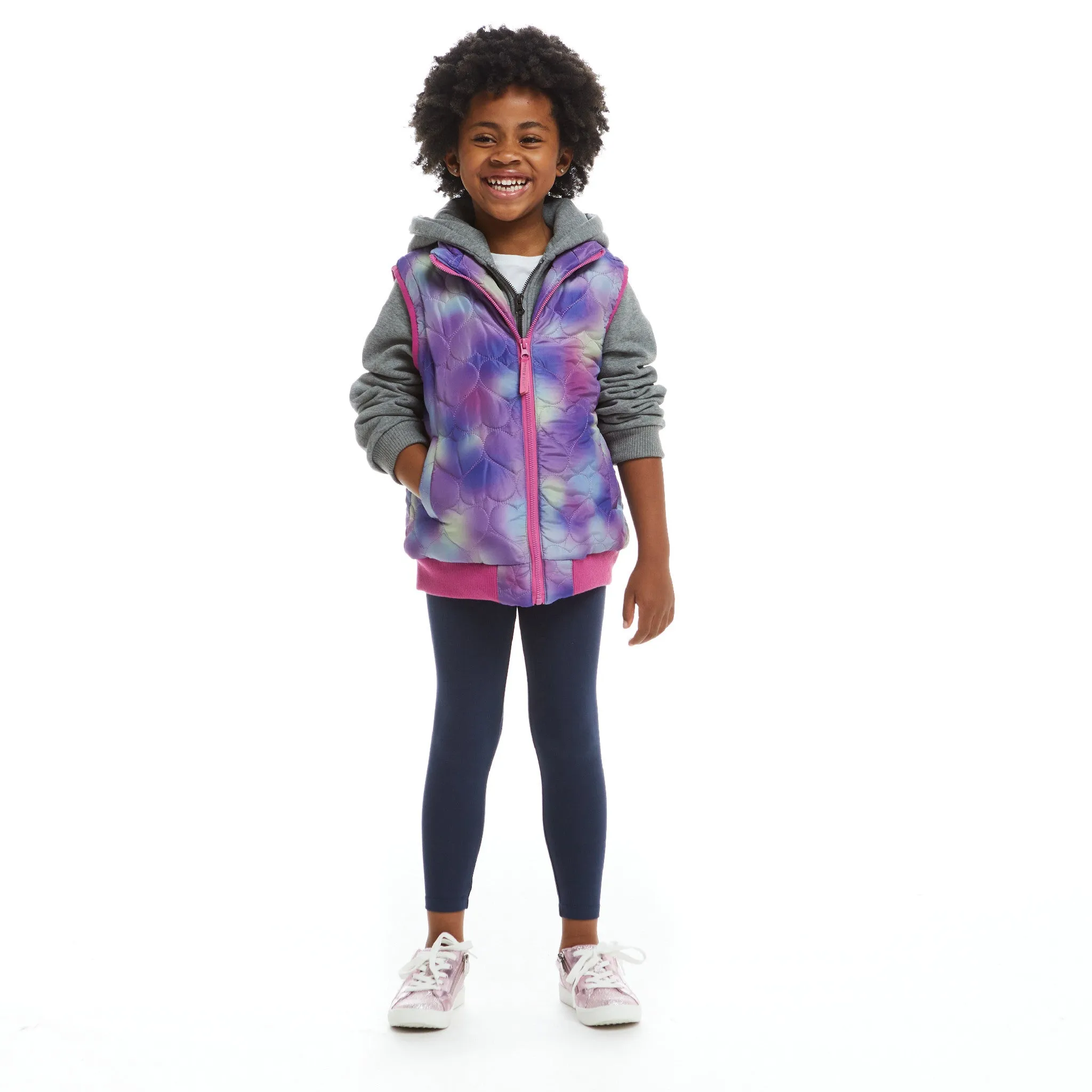 Girls Two-Fer Heart Quilted Vest Jacket  | Pink Grey