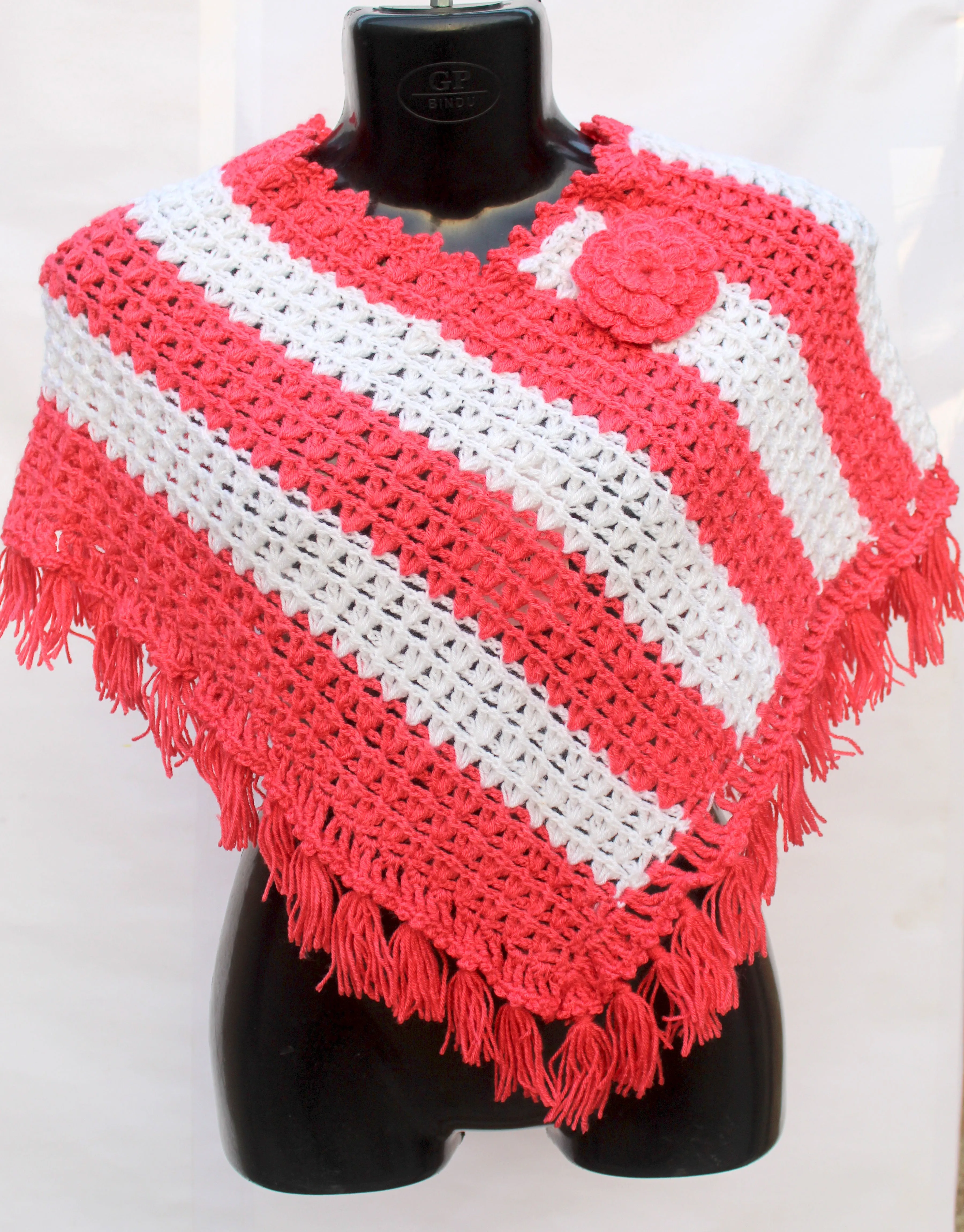 Handmade Unique Crochet Design Poncho For Girls/Women - Cerise & White