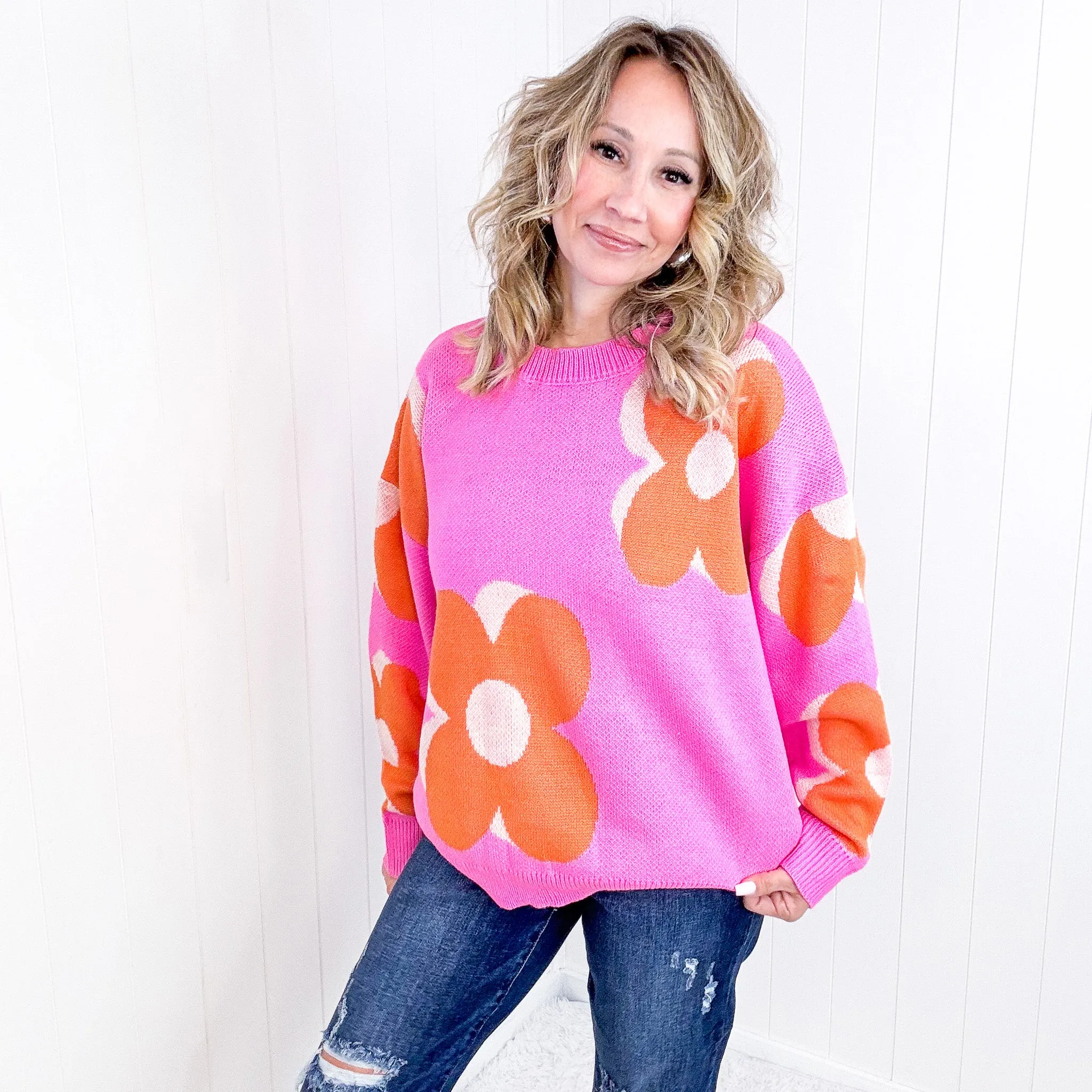 Hot Pink Quietly Bold Mod Orange Floral Sweater