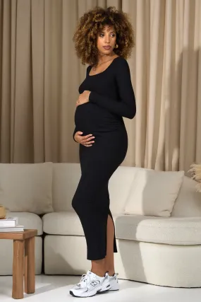 Leonora | Black Square-Neck Long-Sleeve Split Maternity Midi Dress