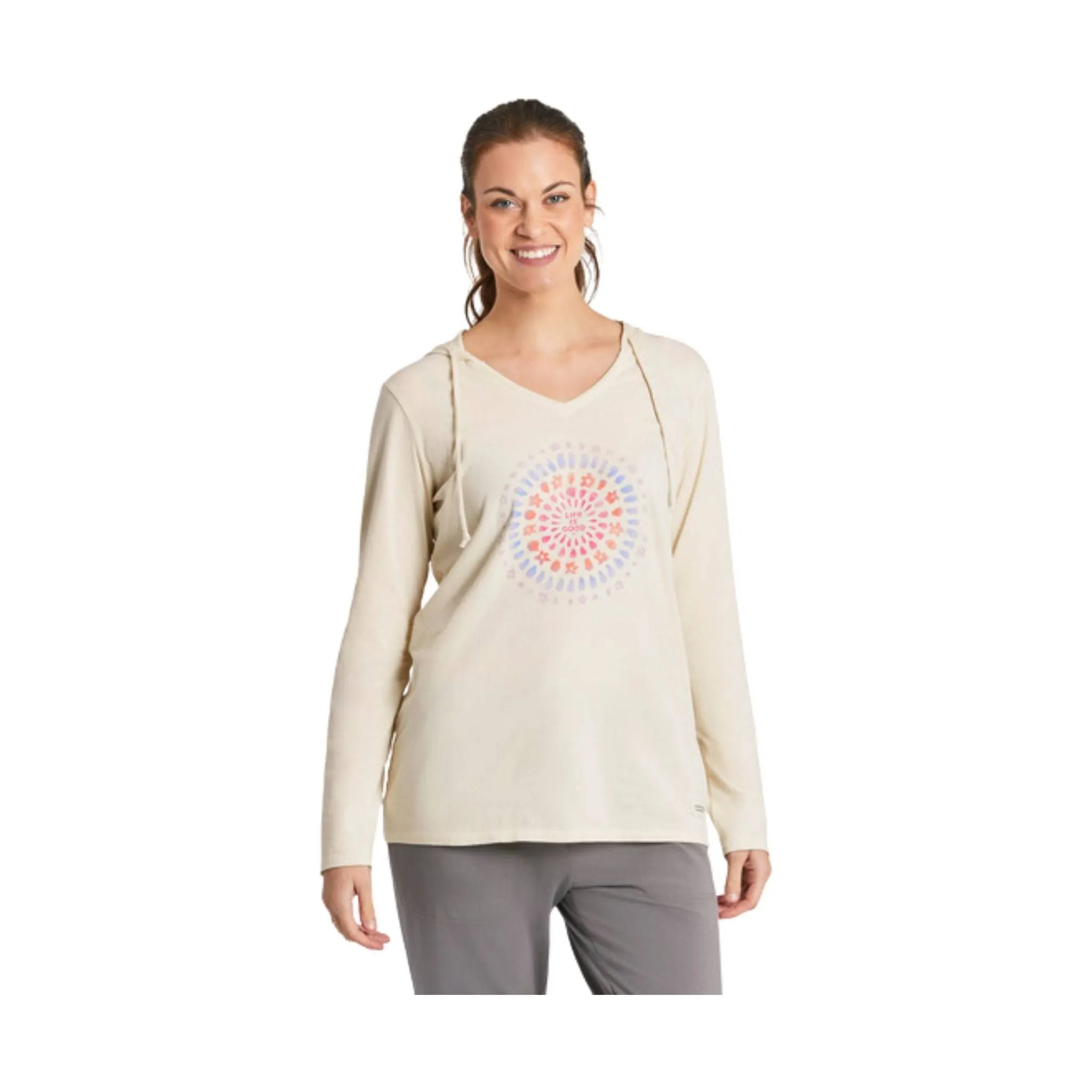 Life Is Good Women's Joy Explosion Vibes Sleeve Crusher-LITE Hooded Tee - Putty White