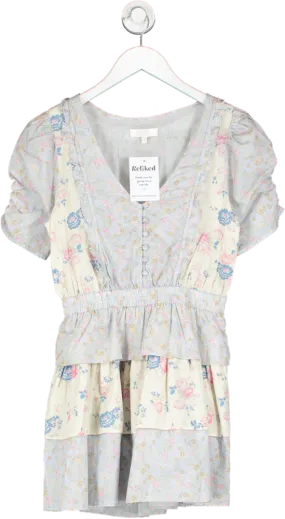 loveshackfancy Blue Floral Ruffled Patchwork Mini Dress UK XS