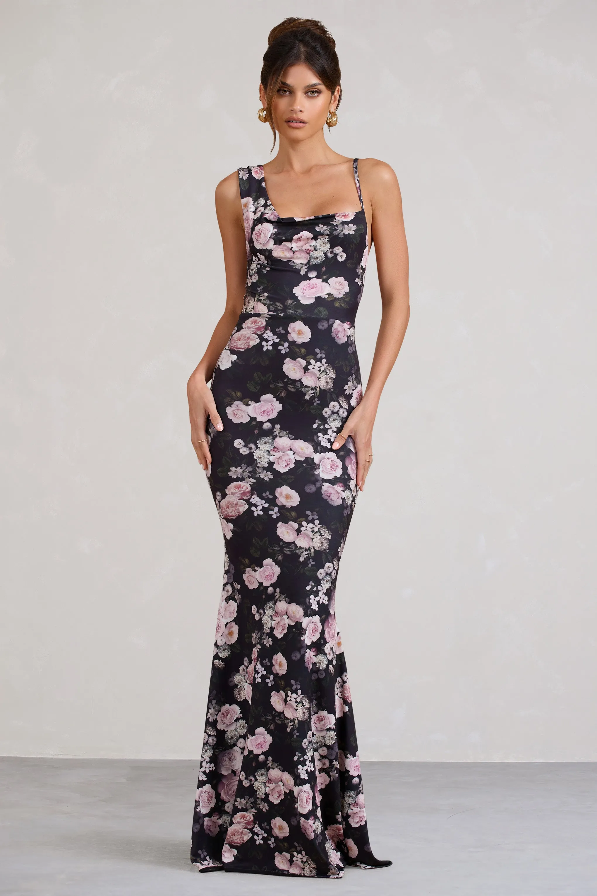 Phantasy | Black & Pink Floral Print Asymmetric Neckline Cowl Maxi Dress