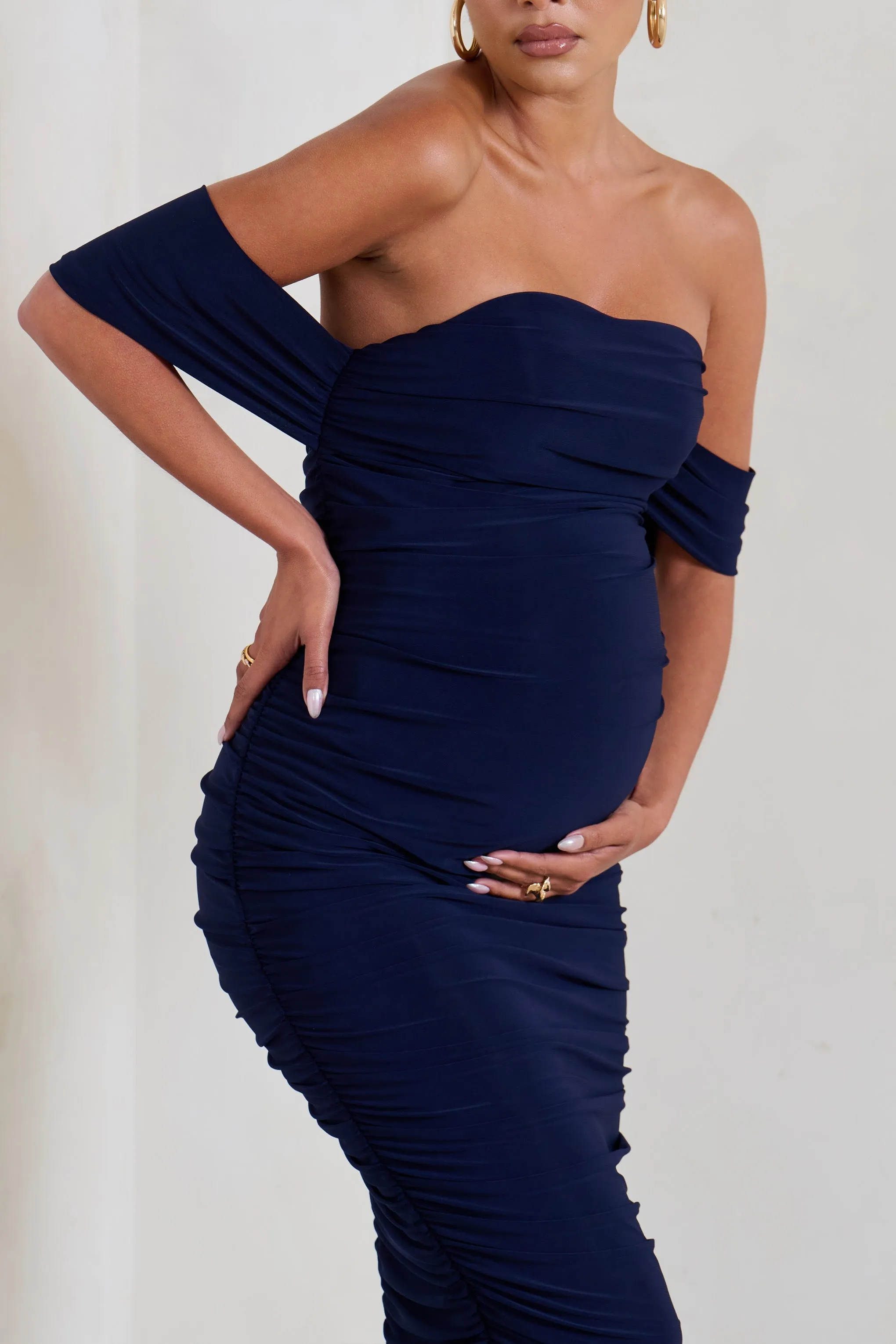 Plus One | Navy Ruched Bardot Midi Dress