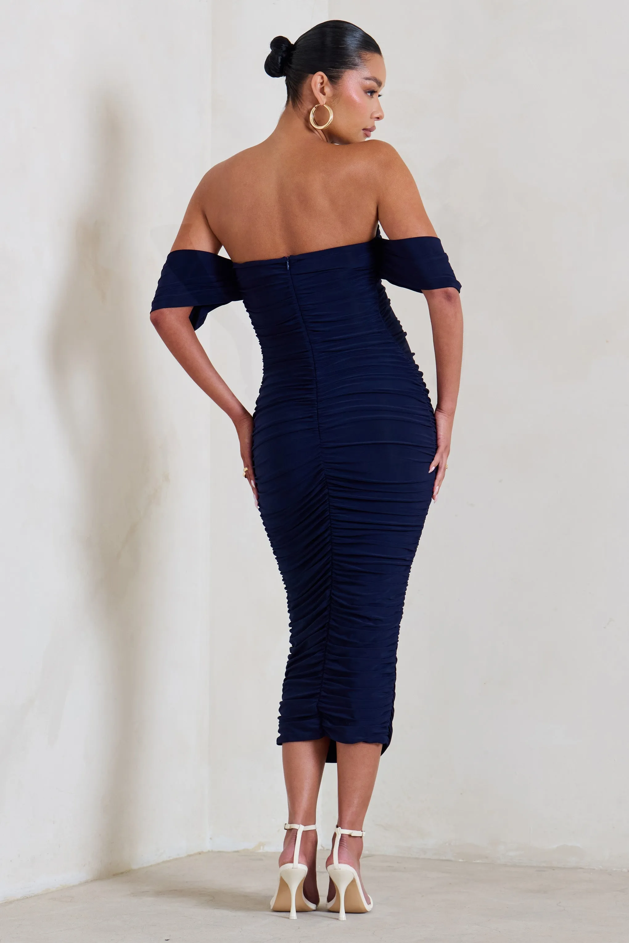 Plus One | Navy Ruched Bardot Midi Dress