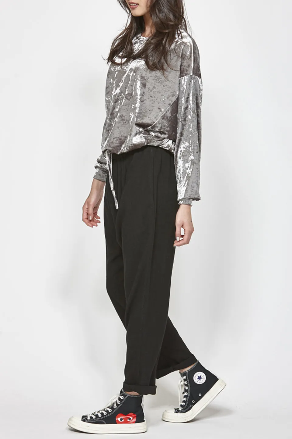 Pull It Velvet Tie Waist Silver Top