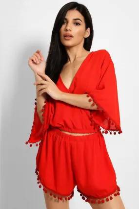 Red Pom-Pom Trims Batwing Top And Shorts Set