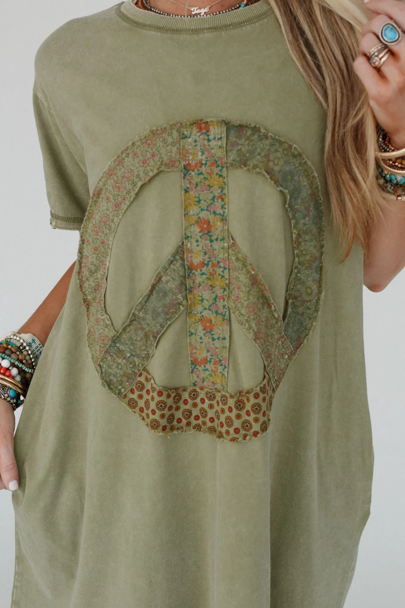 Retro Peace Tunic Top - Olive