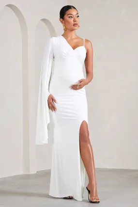 Rhea | White V-Neck Split Maternity Maxi Dress With Cape Sleeve