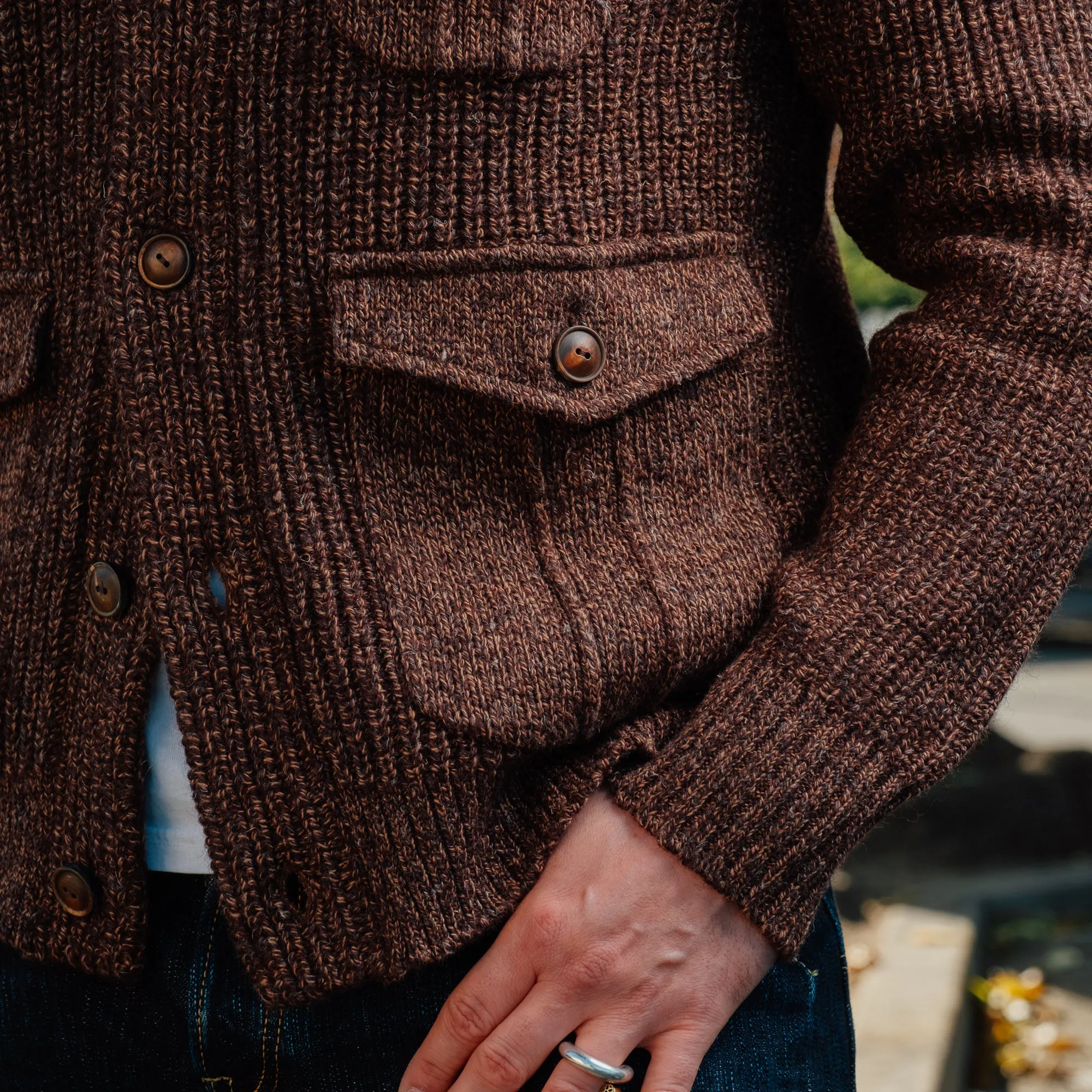 RRL Suede-Trim Marled Shawl Cardigan Brown/ Tan FINAL SALE