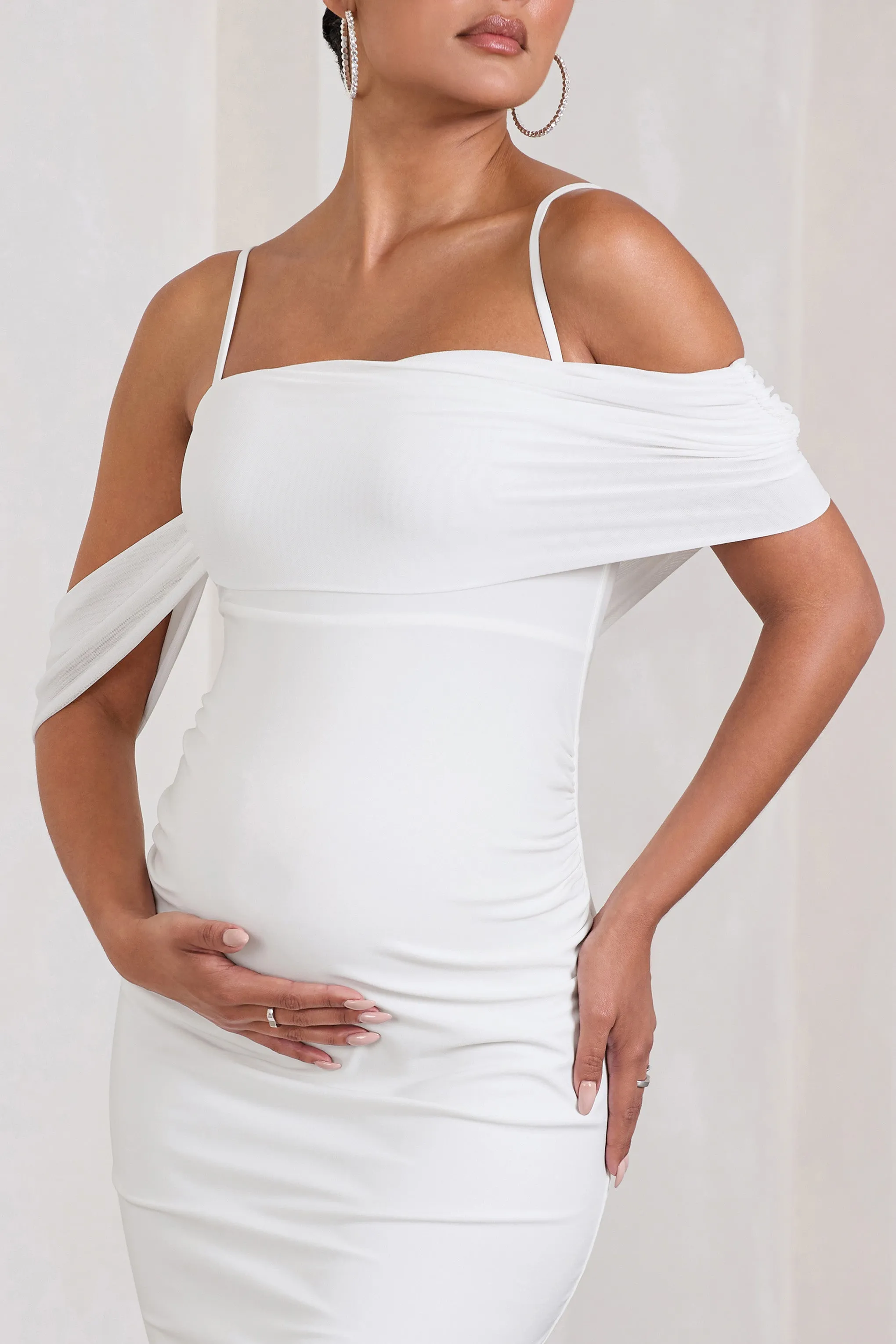 Shelby | White Mesh Bardot Strappy Maternity Midi Dress