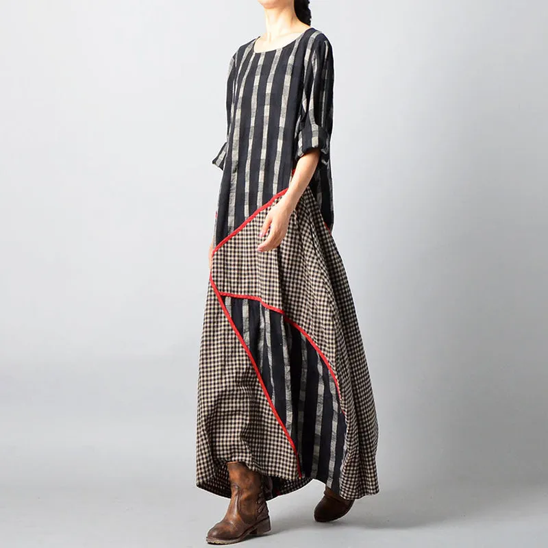 Stripes Plaid Spliced Irregular Cotton Linen Dress