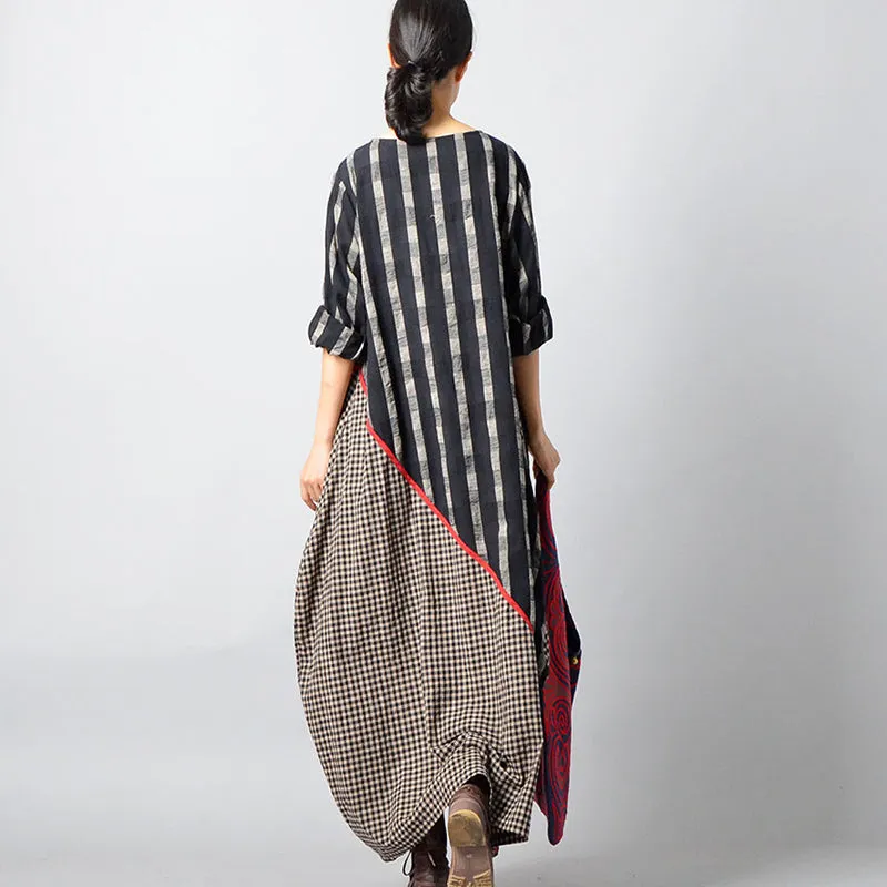 Stripes Plaid Spliced Irregular Cotton Linen Dress