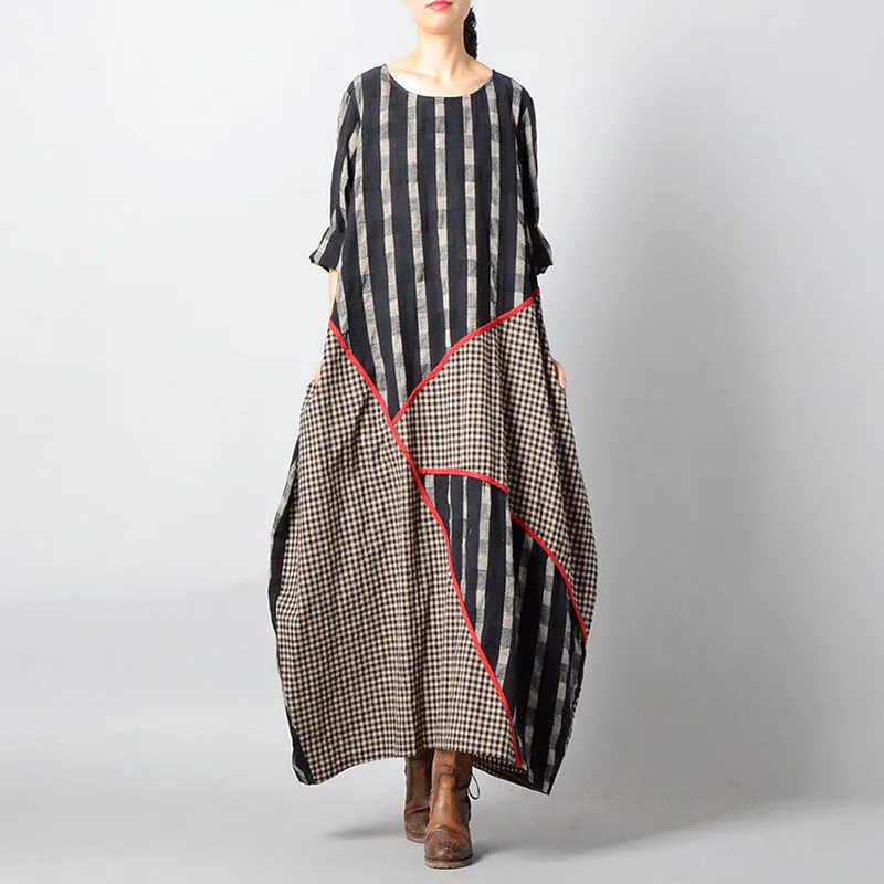 Stripes Plaid Spliced Irregular Cotton Linen Dress