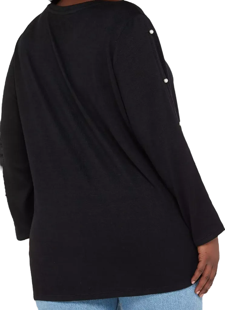 V by Very Curve Crew Neck Pearl embellished Sleeve Detail Top - Black UK 20