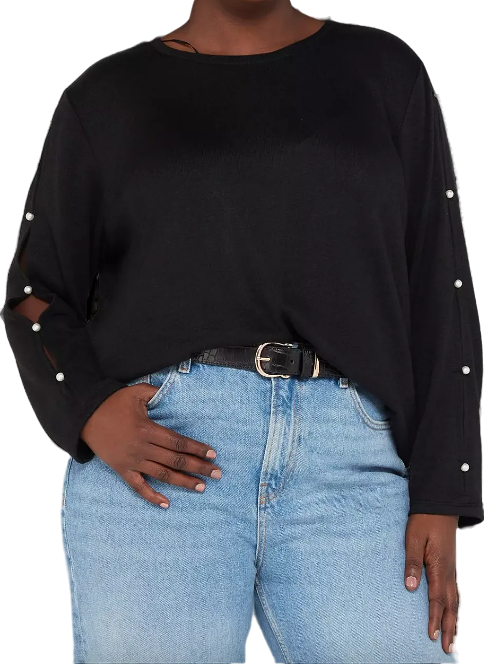 V by Very Curve Crew Neck Pearl embellished Sleeve Detail Top - Black UK 20