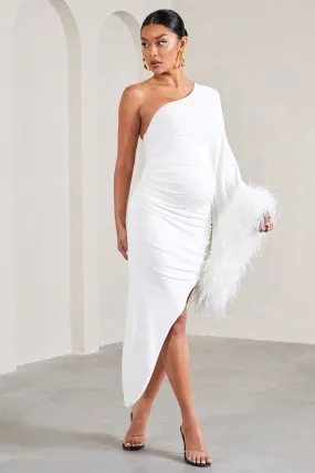 With A Flourish | White Asymmetric One-Sleeved Maternity Maxi Dress With Feathers